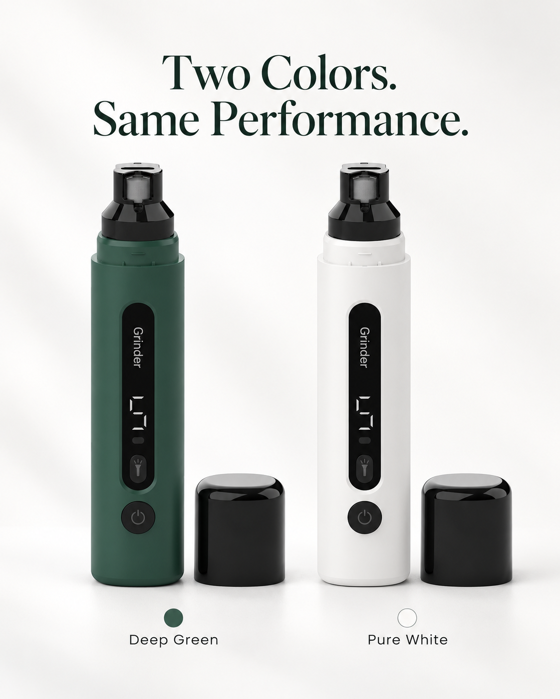 CLAWVERA Deep Green and Pure White pet nail grinders — two colors, same performance