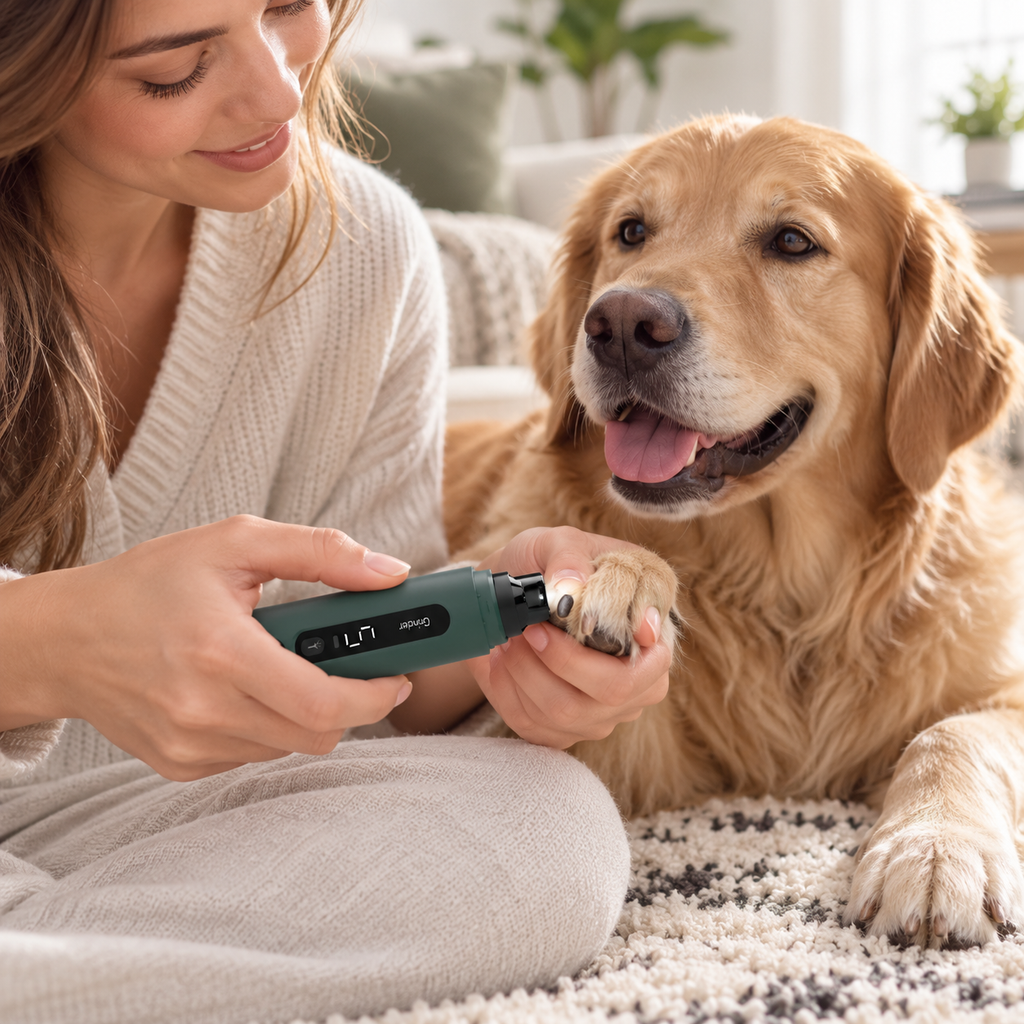 Pet parent gently using CLAWVERA nail grinder on a golden retriever at home