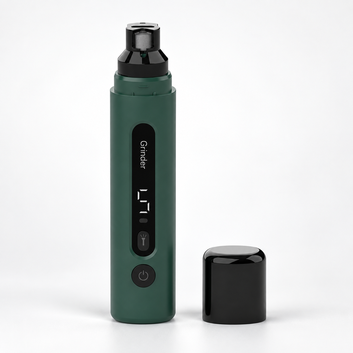 CLAWVERA green pet nail grinder with protective cap on a clean premium background
