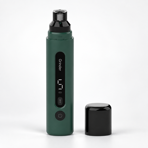 CLAWVERA green pet nail grinder with protective cap on a clean premium background